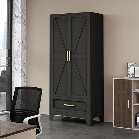 QINPTWUT 71" Tall Metal Wardrobe with Doors, Hanging Rod & Adjustable Shelf, Freestanding Steel Armoire for Bedroom Home Office, 1-Drawer Black