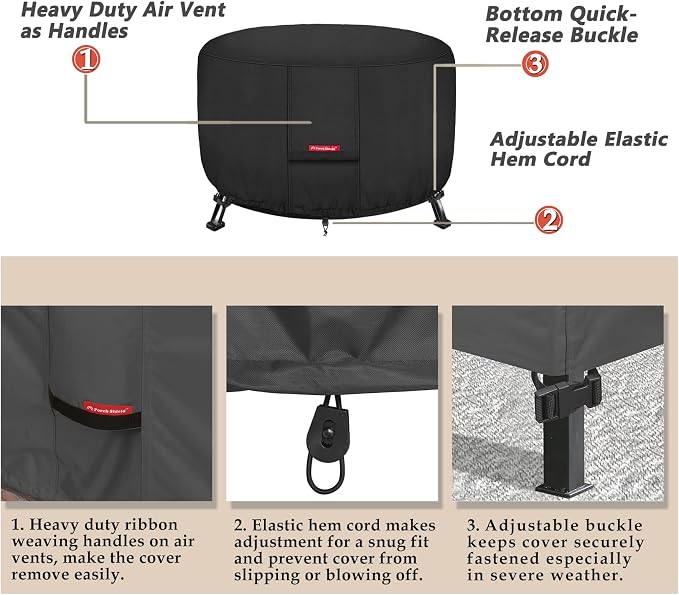 Porch Shield Fire Pit Cover - Waterproof 600D Heavy Duty Fade Resistant Round Patio Fire Bowl Cover Black - 50 inch