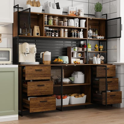 AIEGLE Large Kitchen Hutch Pantry Cabinet, Storage Kitchen Pantry in Metal Frame, Storage Cupboard with Metal Mesh Door, 6 Drawer & Microwave Shelf, for Kitchen Living Room, Brown 70.9" Wide