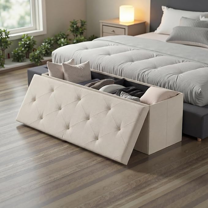 DUMOS 43 Inch Folding Storage Ottoman Bench, Spacious Hidden Organizer with Foam Cushioned Top, End of Bed Foot Rest Stool for Bedroom Living Room Entryway, Supports Up to 660 LBS, Linen Fabric, Beige