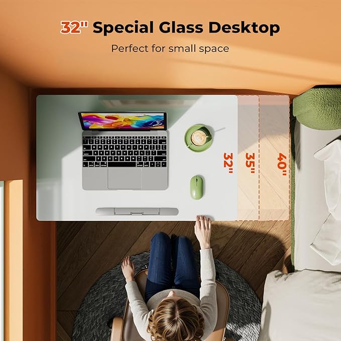32" Glass Standing Desk,90°Tilt Whiteboard Electric Drafting Table | White Foldable One-piece Electric Height Adjustable Drawing Table with 4 Lockable Wheels, Small Portable Rising Workstation