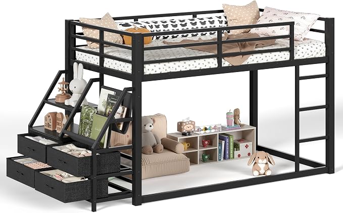 Bellemave Twin Over Twin Bunk Bed with Storage Shelves & 4 Drawers,Heavy Duty Metal Bunk Bed for Teens with LED Lights, Low Bunk Beds for Kids with Guardrails & Ladder, No Box Spring Needed, Black