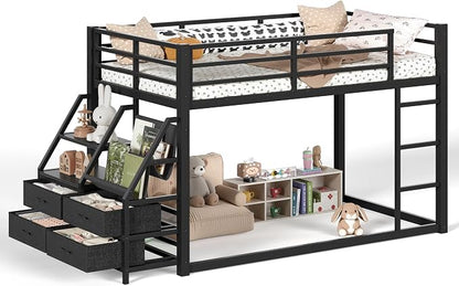 Bellemave Twin Over Twin Bunk Bed with Storage Shelves & 4 Drawers,Heavy Duty Metal Bunk Bed for Teens with LED Lights, Low Bunk Beds for Kids with Guardrails & Ladder, No Box Spring Needed, Black