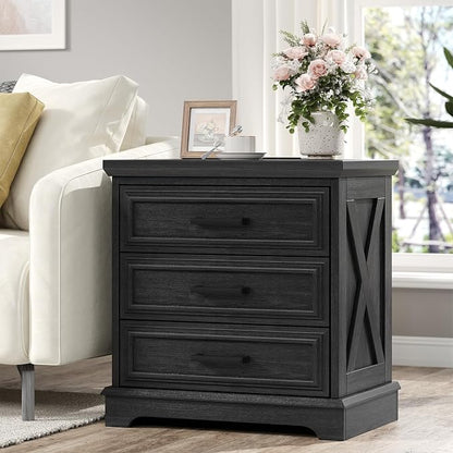 knoworld 24 Inch Wide Farmhouse Nightstands Set of 2 with Charging Station, Dark Gray Nightstand with 3 Large Drawers, Rustic Wood End Table for Bedroom