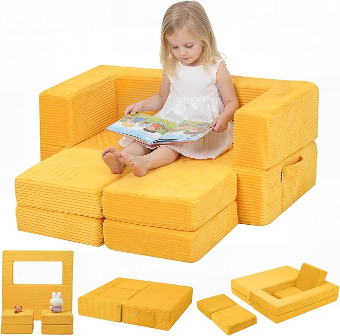 MeMoreCool Modular Kids Couch, Corduroy Play Toddler Couch for Bedroom Playroom Furniture, Convertible Foam Kids Sofa Bed, Fold Out Baby Sofa for Girl Boy, Yellow