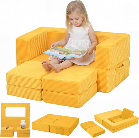 MeMoreCool Modular Kids Couch, Corduroy Play Toddler Couch for Bedroom Playroom Furniture, Convertible Foam Kids Sofa Bed, Fold Out Baby Sofa for Girl Boy, Yellow