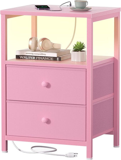 BOLUO Pink Nightstand with Charging Station, LED Night Stand with 2 Fabric Drawers, Bedside Table with USB Ports and Outlets, Nightstand for Bedroom Modern