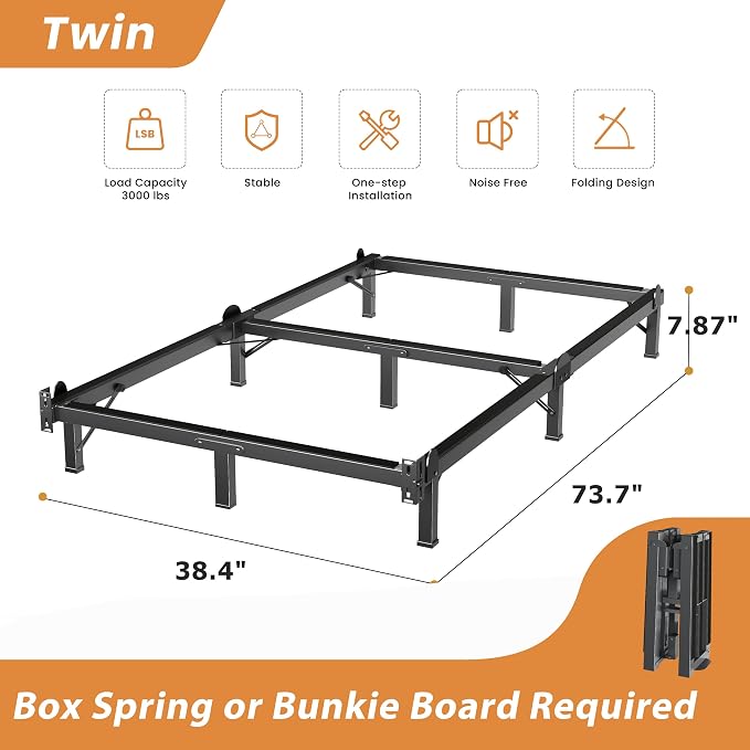 MAF Metal Bed Frame Twin 8 Inches, 9-Legs Support Bed Base, Twin Bed Frame for Box Spring and Mattress, Basics Bed Frame Headboard Attachable Tool-Free Easy Assembly, Black