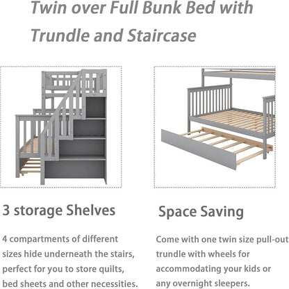 MERITLINE Twin Over Full Bunk Bed with Trundle, Storage Staircase,Solid Wood Bunk Bed with Storage Stairs Box and Guardrail, No Spring Box Needed (Grey)