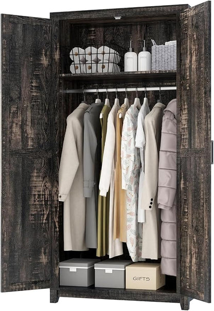 LUXOAK 70" Large Armoire Wardrobe Closet Set of 2 with Hanging Rod, Farmhouse Clothing Storage Cabinet with 4 Barn Doors, Wooden Tall Bedroom Armoires with Shelf, Dark Oak Wood