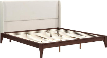 Merax Mid-Century Bamboo Platform Bed with 48" Upholstered High Headboard, King Size Bed Frame with Wood Slat Support, No Box Spring Needed, Easy Tool-Free Assembly, Beige+ Chocolate