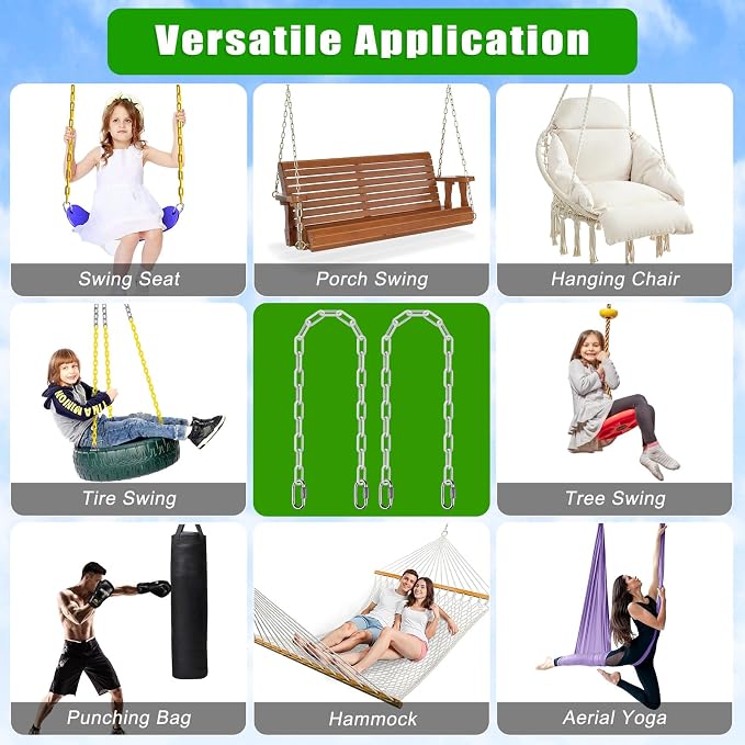 SELEWARE 2 Pack 60 Inch Hanging Swing Chain with 4 Carabiners, 1000LB Capacity Plastic Coated Hanging Chains, Hammock Hardware Kit for Swing, Hanging Chair, Punching Bags, Indoor Outdoor Gym (White)