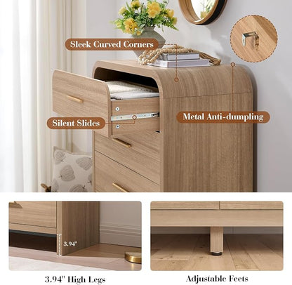 Curved 5 Drawer Dresser for Bedroom, 31'' Wide Chest of Drawers, Modern Storage Cabinet for Hallway & Living Room TV Stand, FSC Certified 1.18" Thick Board, 100 lbs Top Weight, Oak