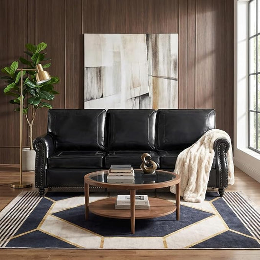Kingfun Mid-Century Modern Couch, Faux Leather Sofa, 3 Seater Couch for Living Room with Rolled arms & Nailhead Trim, Black