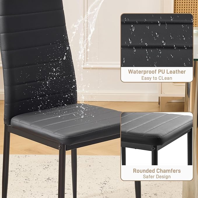 Karl home Dining Chairs Set of 6, PU Leather & High Back, Black | Black kitchen chairs with padded seats & foot cap protection for dining kitchen living room,300lbs capacity,space-saving