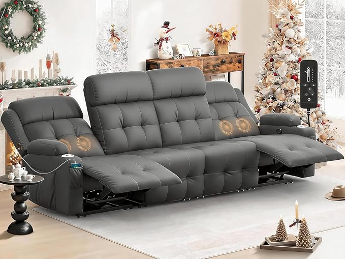 Reclining Couch, 113" PU Leather Sofa Recliner with Massage - 4 Seat Home Theater Seating Comfy Soft, Manual Wall Hugger Reclining with Lumbar Support Sofa Set for Family Living Room, Dark Gray
