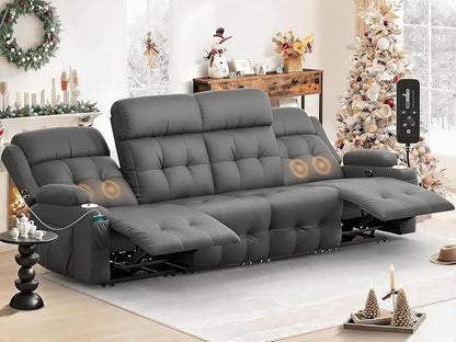 Reclining Couch, 113" PU Leather Sofa Recliner with Massage - 4 Seat Home Theater Seating Comfy Soft, Manual Wall Hugger Reclining with Lumbar Support Sofa Set for Family Living Room, Dark Gray