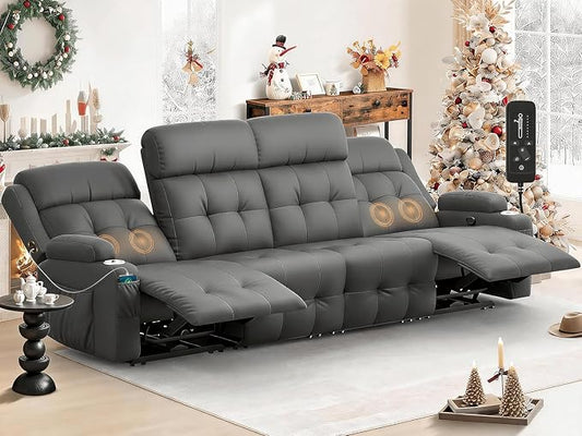 Reclining Couch, 113" PU Leather Sofa Recliner with Massage - 4 Seat Home Theater Seating Comfy Soft, Manual Wall Hugger Reclining with Lumbar Support Sofa Set for Family Living Room, Dark Gray