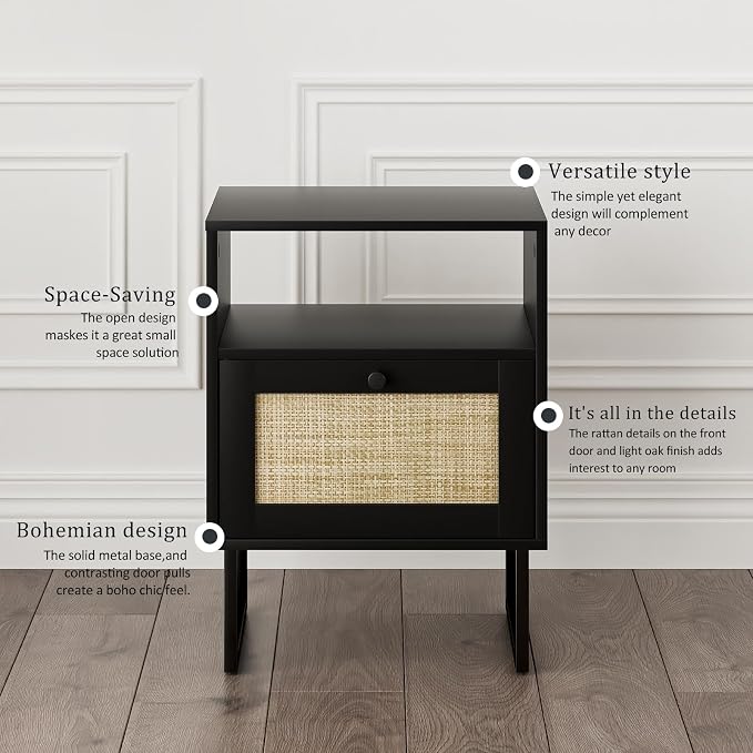 Masupu Rattan Nightstand,Boho Night Stand Modern Farmhouse Wood Bedside Table with Storage Drawer and Open Shelf,Side End Table for Bedroom,Living Room,Office Black