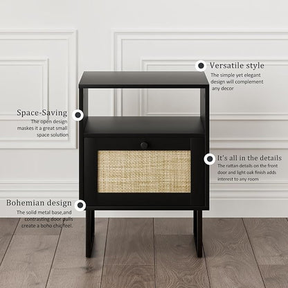 Masupu Rattan Nightstand,Boho Night Stand Modern Farmhouse Wood Bedside Table with Storage Drawer and Open Shelf,Side End Table for Bedroom,Living Room,Office Black