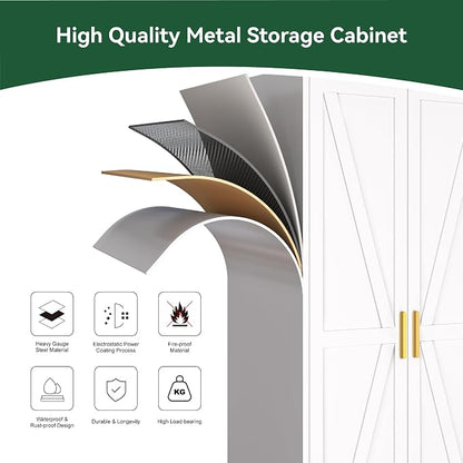 Metal Wardrobe Closet with Doors and Shelves, 71" Farmhouse Bedroom Armoire with Hanger Rod and Clothing Shelf, White Closet Cabinet for Hanging Clothes for Laundry Room Garage Dormitory