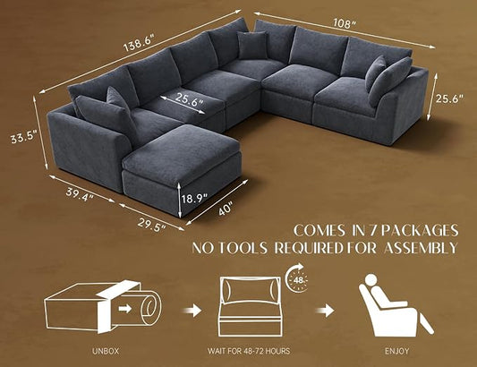 ohllob Oversized Cloud Couches for Living Room, Convertible Sectional Couch with Ottoman, 7 Seater Large Modular Sectional Sofa, Grey