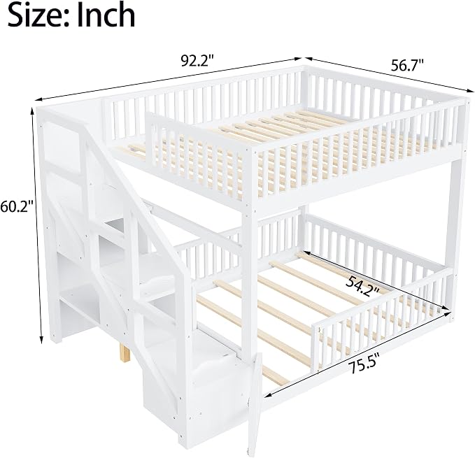 Full Over Full Floor Bunk Bed with Storage Ladder and Guardrails,for Kids Teens Adults (White#FF, Full Over Full)