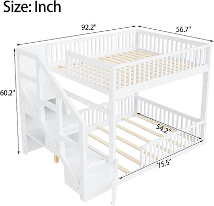 Full Over Full Floor Bunk Bed with Storage Ladder and Guardrails,for Kids Teens Adults (White#FF, Full Over Full)