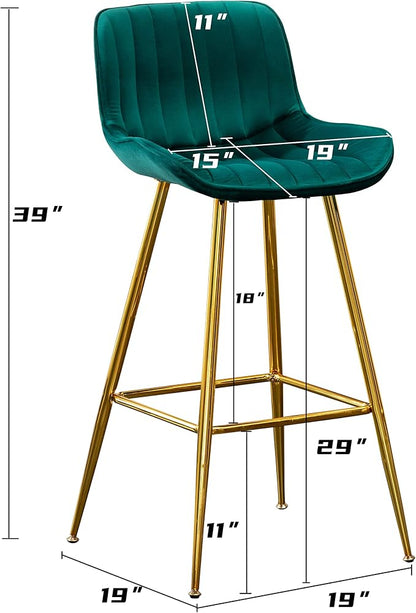Sidanli Velvet Barstools Set of 2, Green Bar Height Chairs Set of 2 with Gold Legs, 29 inch Seat Height Comfortable Island Stools with Back
