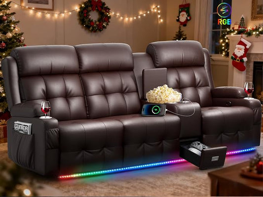 Loveseat Recliner Sofa, Home Theater Seating with Massage, 3 Seat Reclining Loveseats with Console, Wall Hugger RV Couch Movie Theater Chairs, RV Furniture Sofas with USB, Cup Holders for Gaming Room