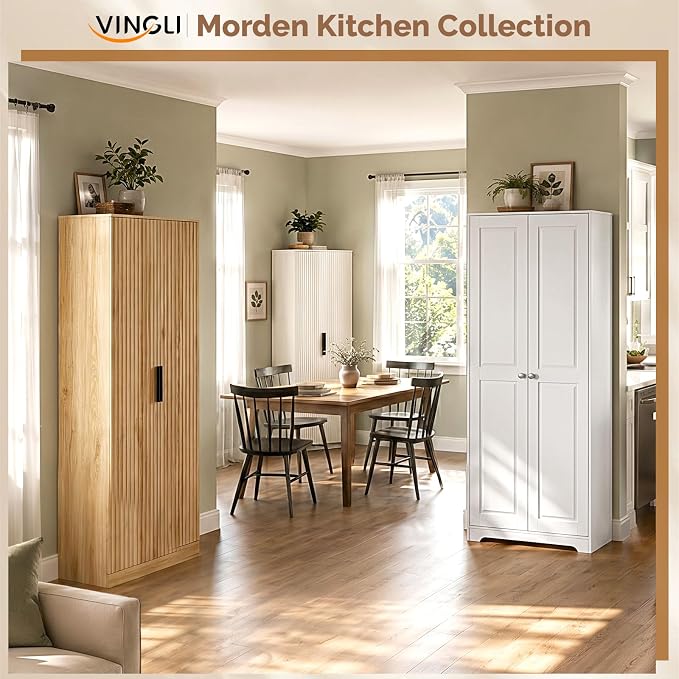 VINGLI 72" Tall Pantry Cabinet, Kitchen Pantry Storage Cabinet with 2 Doors & Adjustable Shelves, Freestanding Food Storage Cupboard for Kitchen, Dining Room, Utility Room, White