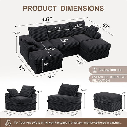 107" Modular U-Shaped Sectional Sofa with Storage, 3-Seat Corduroy Boneless Couch, 27" Deep Seat Cloud Couch & 2 Movable Ottoman, Tool-Free Assembly, Couch for Living Room, Grey