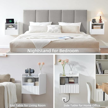 BuildHom Modern Fluted Floating Nightstand Wall Mounted Set of 2- Bedside Table with Storage Drawer & Display Shelf, Minimalist Bedroom Furniture for Studio Apartments (Matte White)