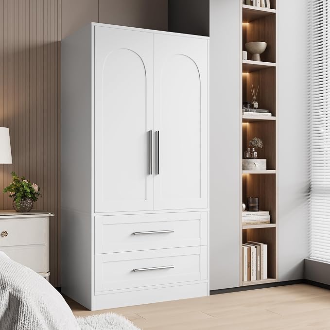 iPormis Armoire Wardrobe Closet with 2 Drawers, Modern Wooden Bedroom Armoire with Doors, Clothing Storage Cabinet with Aluminum Hanging Rod, Wardrobe Storage with Strong Door Closure, White