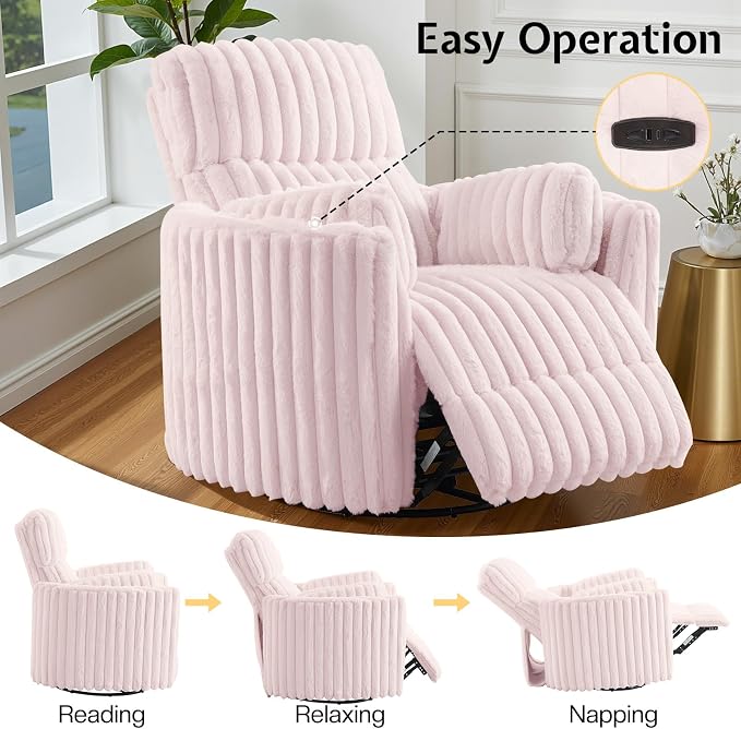 Jocisland Power Recliner Nursery Chair for Adults, Electric Swivel Rocking Glider with USB & Type-C, Soft Fabric Armchair with 2 Pillows, Cozy Reclining Sofa for Living Room, Bedroom, Light Pink
