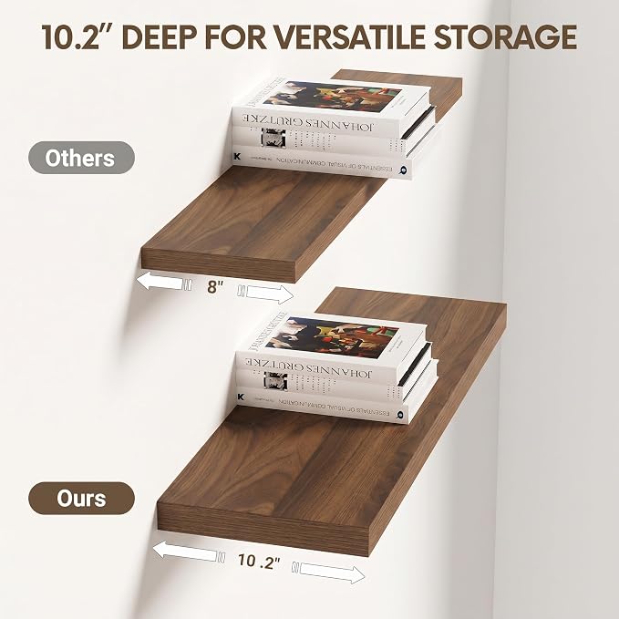 Vivelove 24 Inches Floating Shelves Wall Mounted, 10" Deep Wall Shelves for Bedroom, Bathroom, Living Room, Kitchen, Office, Home Decor, Modern Shelf, Set of 2, Walnut, 24x10.2x1.5