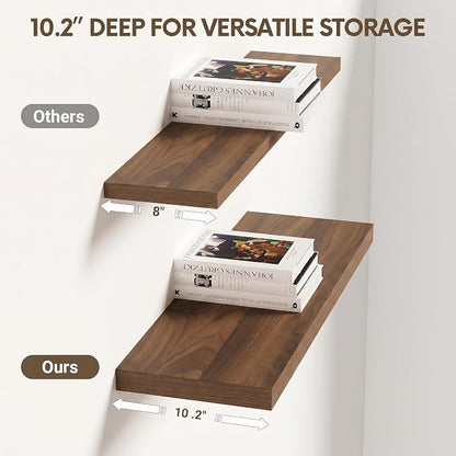 Vivelove 24 Inches Floating Shelves Wall Mounted, 10" Deep Wall Shelves for Bedroom, Bathroom, Living Room, Kitchen, Office, Home Decor, Modern Shelf, Set of 2, Walnut, 24x10.2x1.5