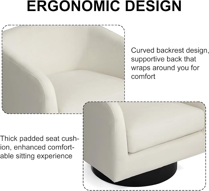Swivel Barrel Accent Chair, Modern Round Chenille Fabric Arm Chair for Living Room, Bedroom, Comfy Club Reading Chairs for Adults（Velvet Ivory, Set of 2