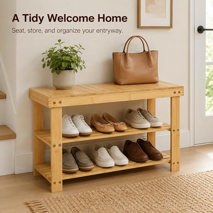 Shoe Rack Bench, 3-Tier Shoe Storage Organizer for Entryway , Shoe Shelf for Small Spaces, Multi-Functional Side Table Plant Stand, Shoe Stand for Bedroom, Living Room, Closet, Front Door, Natural