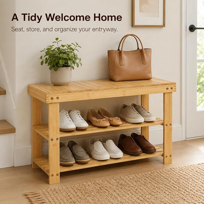 Shoe Rack Bench, 3-Tier Shoe Storage Organizer for Entryway , Shoe Shelf for Small Spaces, Multi-Functional Side Table Plant Stand, Shoe Stand for Bedroom, Living Room, Closet, Front Door, Natural