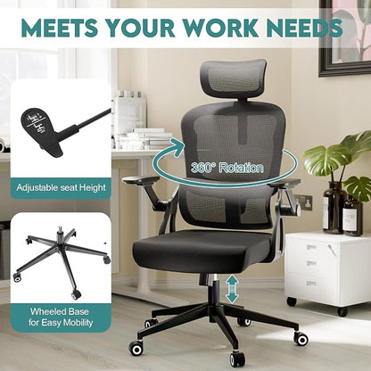Monhey Ergonomic Office Desk Chair, 90°-125° Tilt Back Home Desk Chair with 360° Swivel & Mute Wheels, High Back Mesh Computer Chair for Adults with Lumbar Support, 330 LBS Capacity(05Black)