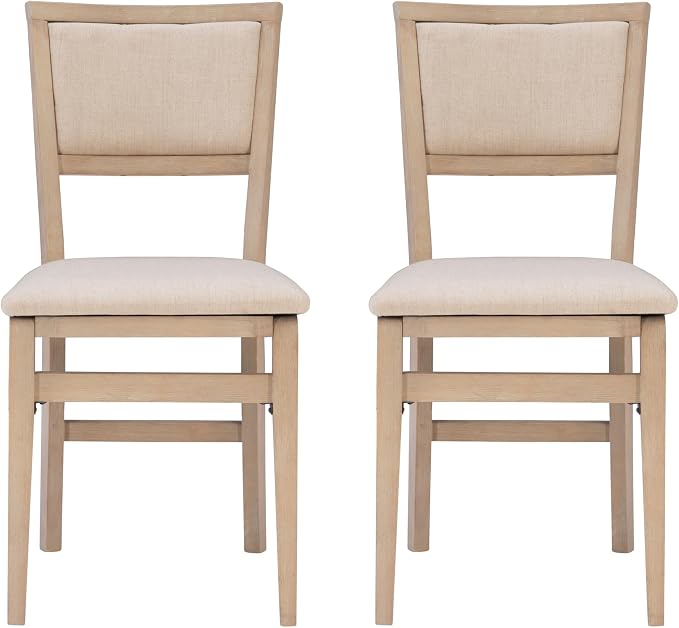 Linon Keira Natural Rustic Wooden Folding Chair with Beige Upholstered Seat and Back Set of 2