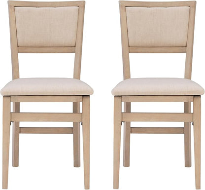 Linon Keira Natural Rustic Wooden Folding Chair with Beige Upholstered Seat and Back Set of 2