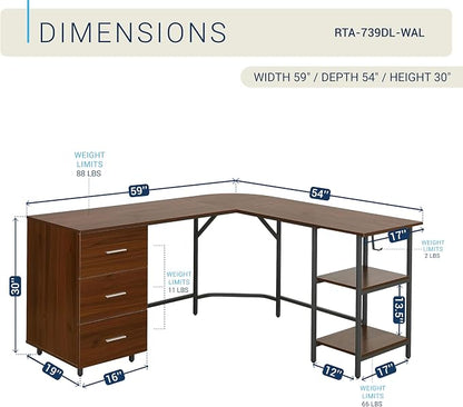 Techni Mobili L Shaped Desk - Two-Toned Computer Desk with Drawers & Storage Shelves - Simple Modern Furniture & Home Office Space Corner Table for Work & Writing