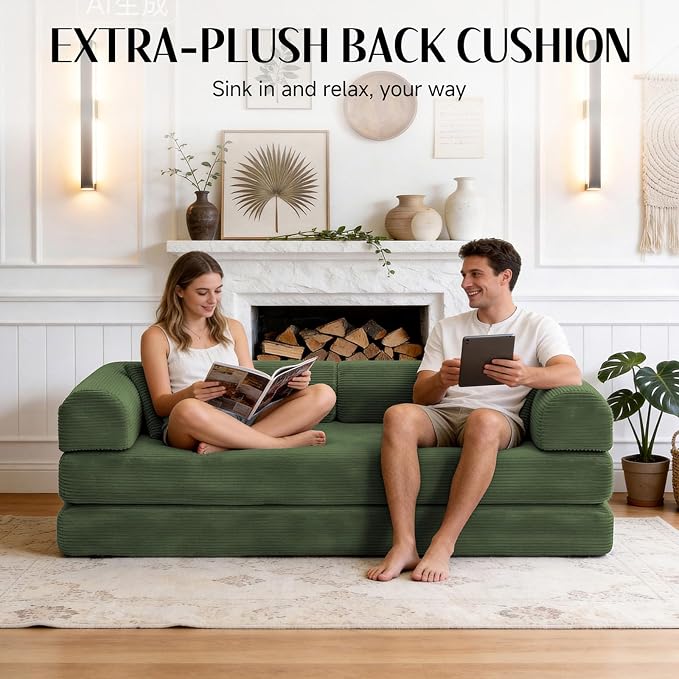 78.8" Memory Foam Boneless Couch, Corduroy Floor Sofa Bed, Convertible Sleeper Futon Loveseat, Wide Armrests & Back Support, Supports Up to 1200 lbs,Forest Green Couch in a Box with 2 Pillows