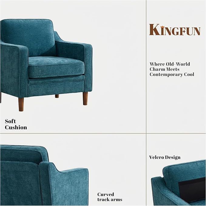 Kingfun Accent Chair, Living Room Chairs, Mid Century Reading Armchair, Chenille with Solid Wood Foot, Upholstered Modern Decor for Bedroom, Apartment