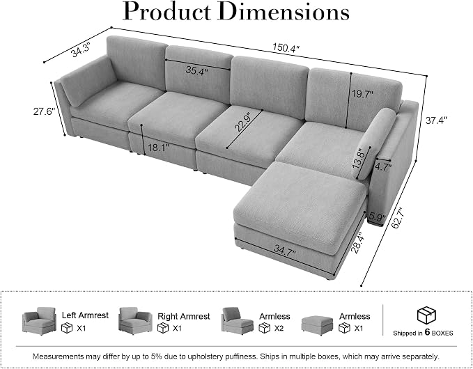 Oversized Modular Sectional Sofa L-Shaped Cloud Couches Gray | 150'' Deep Seat Couch for Living Room, 5-Seater Luxury Corner sofa with Ottoman, Solid Wood Frame, Removable Washable Cover