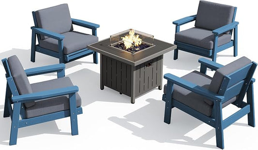 SERWALL Patio Furniture Set with 33” Fire Pit Table, HDPE Outdoor Sectional Sofa Set with Thickened Cushions, Blue Frame with Grey Cushions