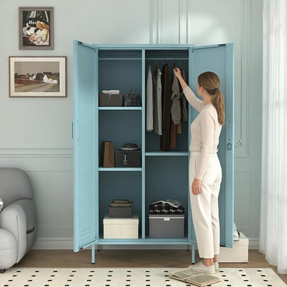 Industrial 67" Blue Lockable Metal 2-Door Storage Cabinet, Multi-Purpose Wardrobe with Hanging Rod & Adjustable Shelves, Heavy Duty for Bedroom, Garage, Home Office 67" H X 31.5" W X 18.1" D