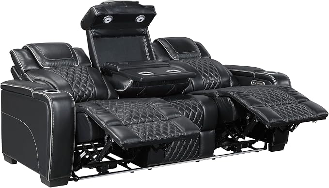 Lexicon Power Double Reclining Sofa, Center Drop-Down Table with Heat/Massage/Headrest/Storage Arms/Cup Holders/LED Lights/Wireless Charging, Top Grain Leather Match Wall Hugger Recliner Sofa, Black